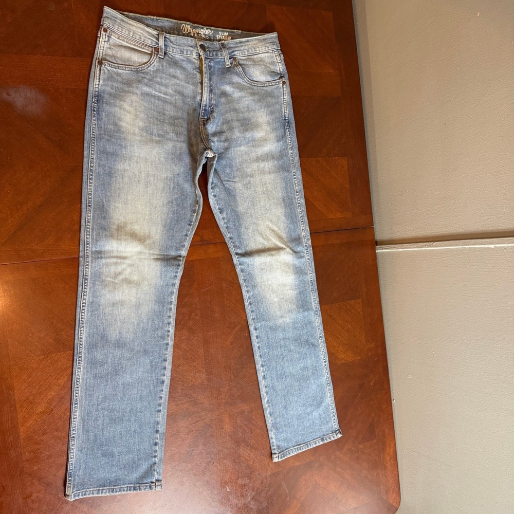 Wrangler Retro Slim Straight Jeans Light Wash Mens 34x34  Blue Denim